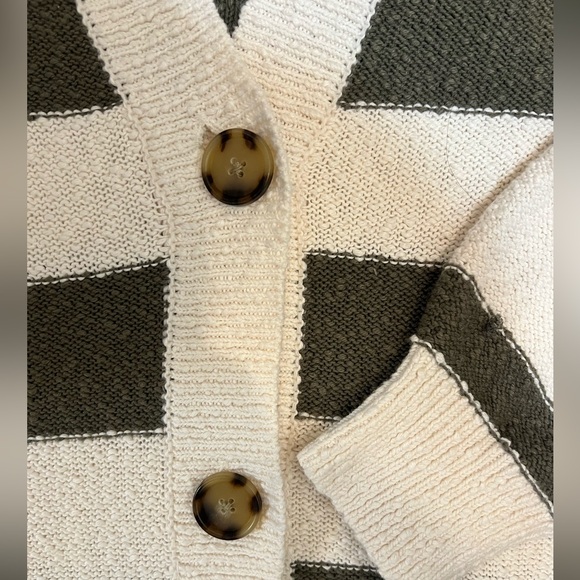 LOFT Green Cream Striped Cardigan V Neck Button Front Large NWT - Picture 3 of 7